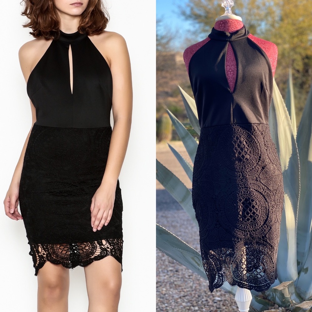 Black Lace Plunged V Halter Dress